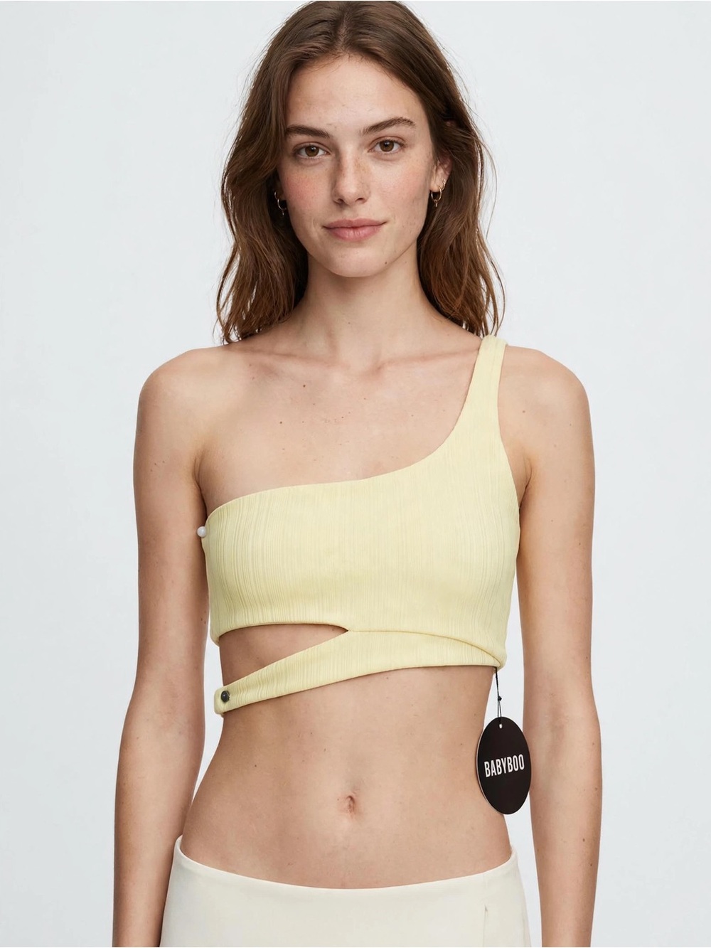 One-Shoulder Cutout Crop Top in Soft Pastel Yellow